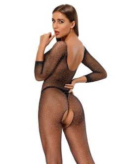 Body Enterito En Malla Red Manga Larga Brillos