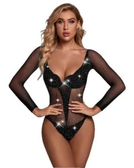Body En Malla Red de Manga Larga y Brillos